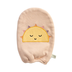 Baby bath mitt with smiling sun design in soft peach cotton fabric
