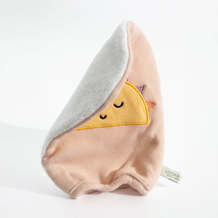 Soft baby bath mitt showing inner lining and folded opening with sun face detail