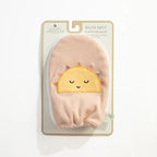 Packaged baby bath mitt with embroidered sun design ready for gifting