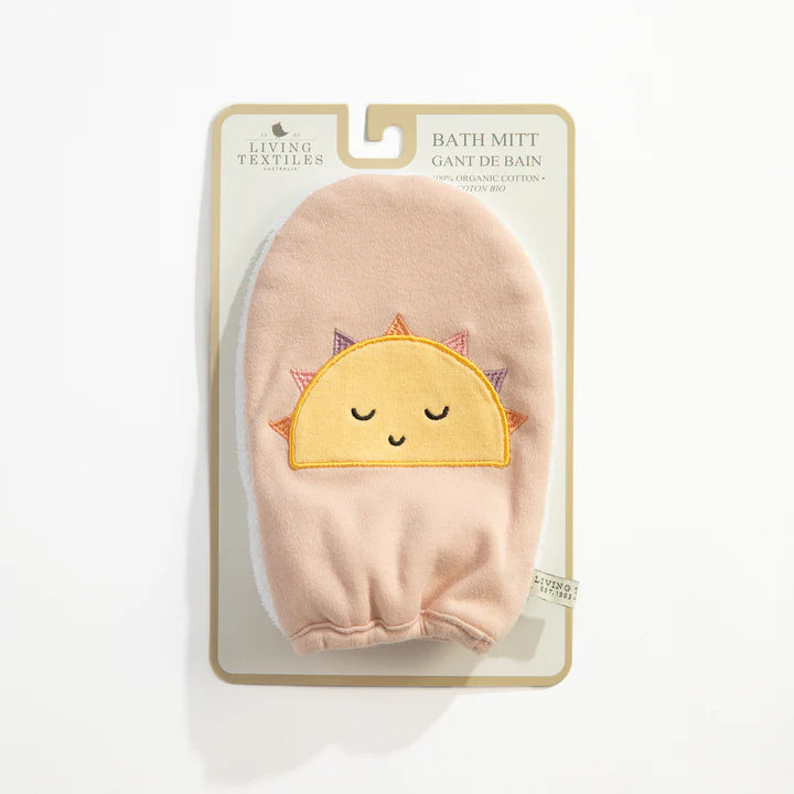 Packaged baby bath mitt with embroidered sun design ready for gifting