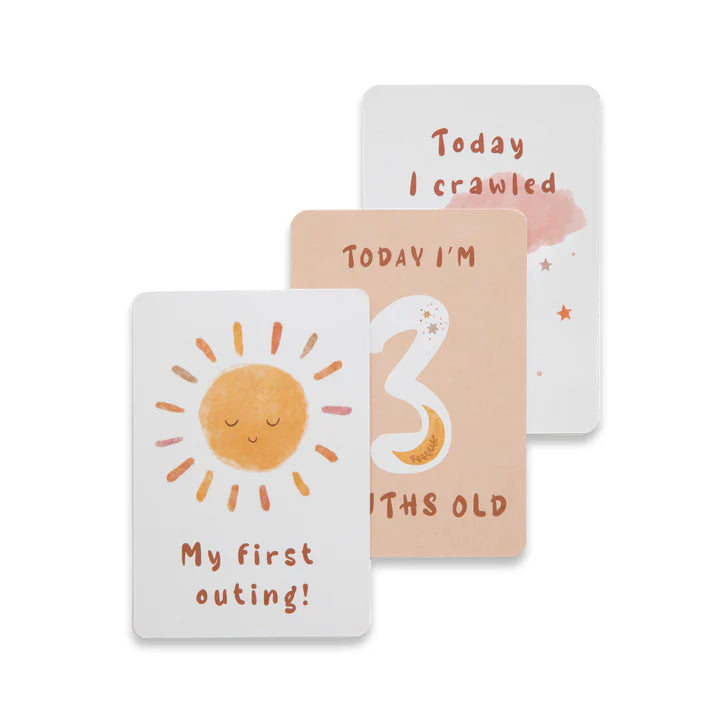 milestone cards by lively living to track babies age and milestones. great for photos and theme is bohemian bliss. card pictured reads my first outing, 3 months old and today i crawled
