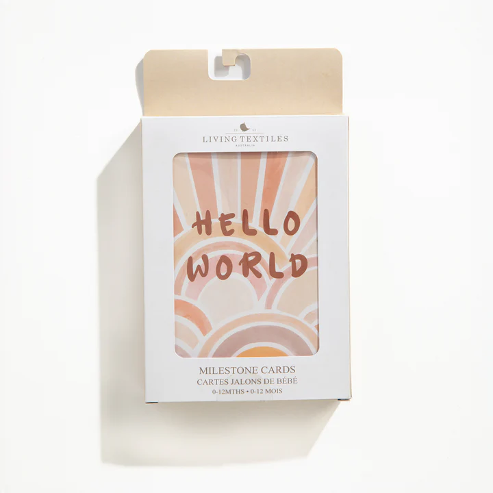 packaging of milestone cards by lively living to track babies age and milestones. great for photos and theme is bohemian bliss. card pictured reads hello world