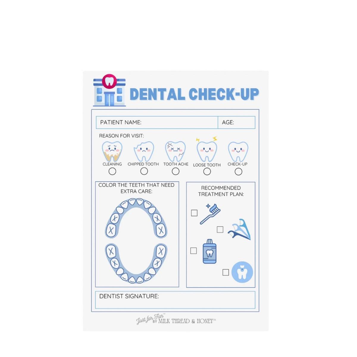 Dentist Pretend Play Notepad - Milk, Thread & Honey