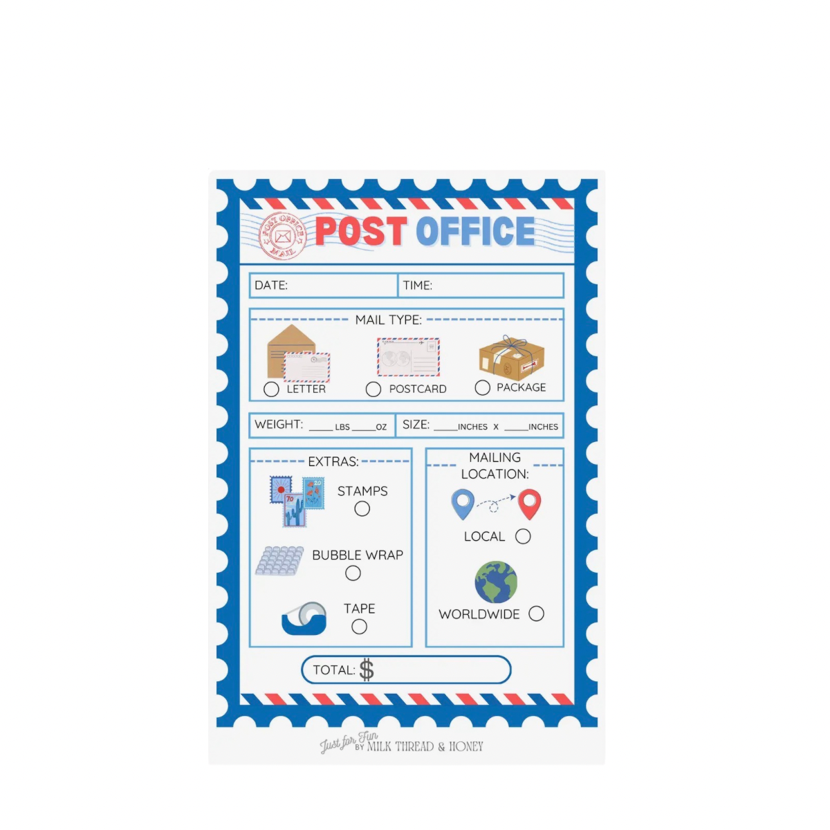 Post Office Pretend Play Notepad - Milk, Thread & Honey