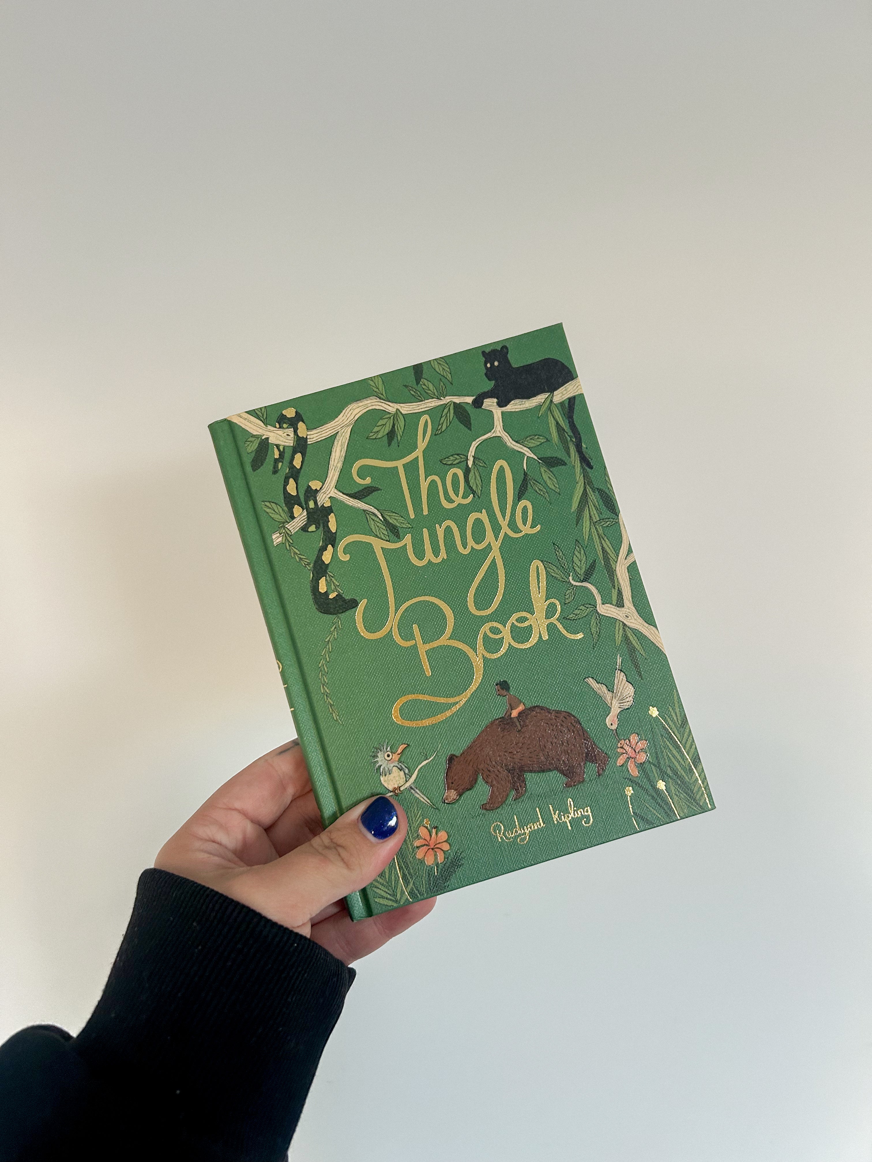 Hand holding a green book titled 'The Jungle Book' with illustrations on a white background