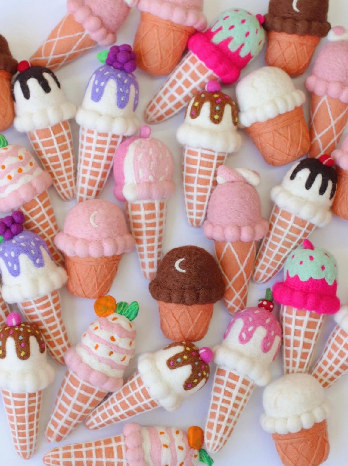 bunch of flaboured ice cream cones toy handmade wool pretend play dessert moon detail Juni Moon