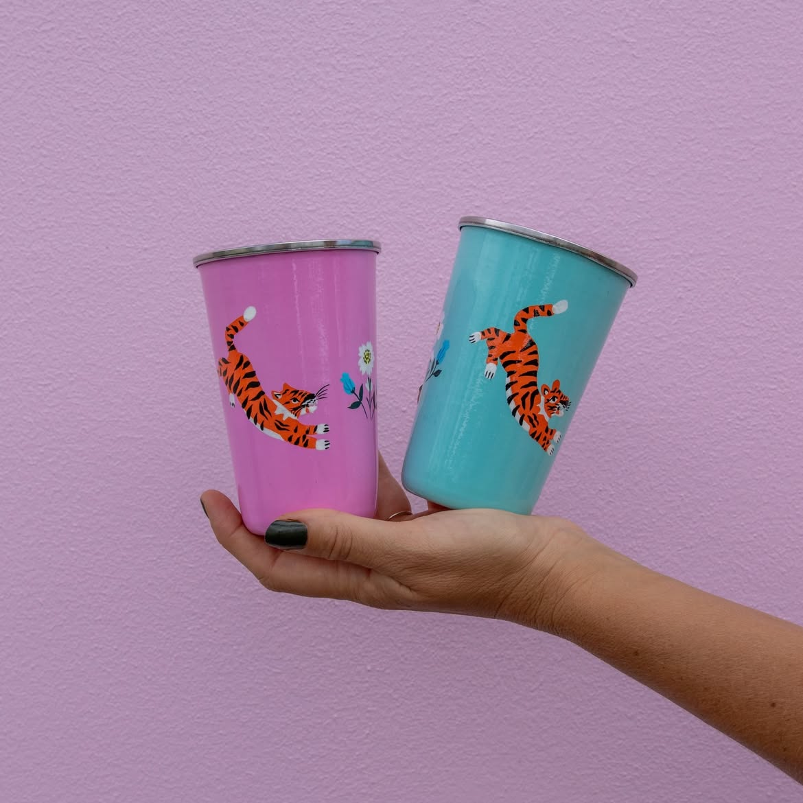 pink wall photoshoot pink and blue tiger stainless steel cups picnic folk