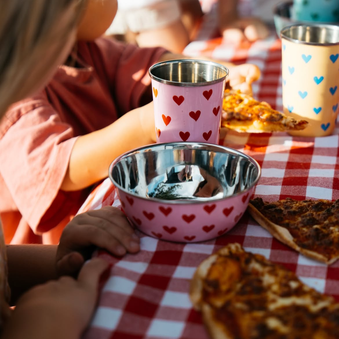 pink hearts breakfast bowl and cup stainless steel from picnic folk