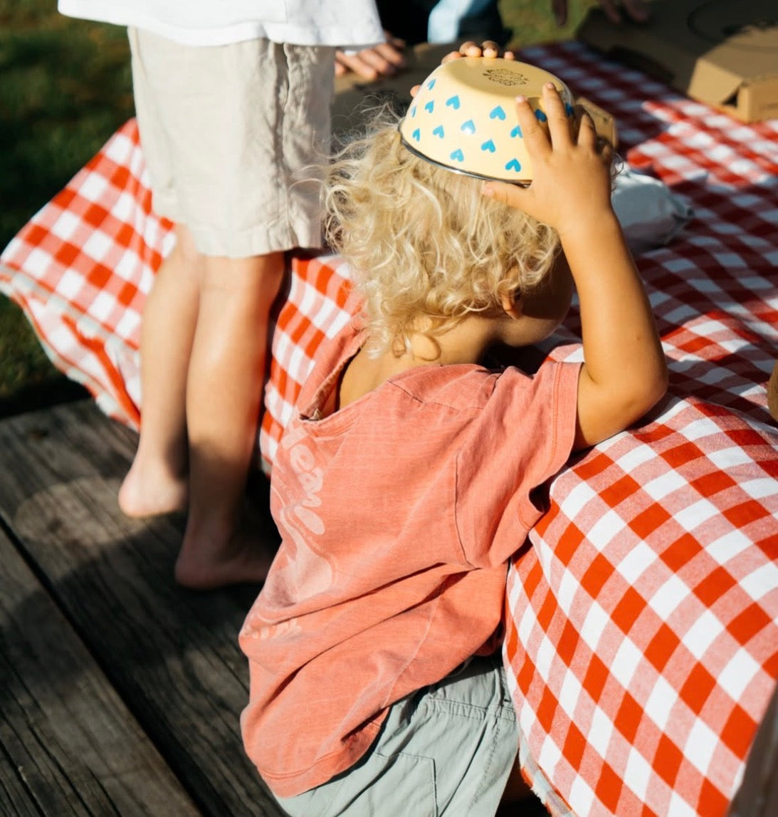 yellow and blue hearts breakfast bowl picnic folk