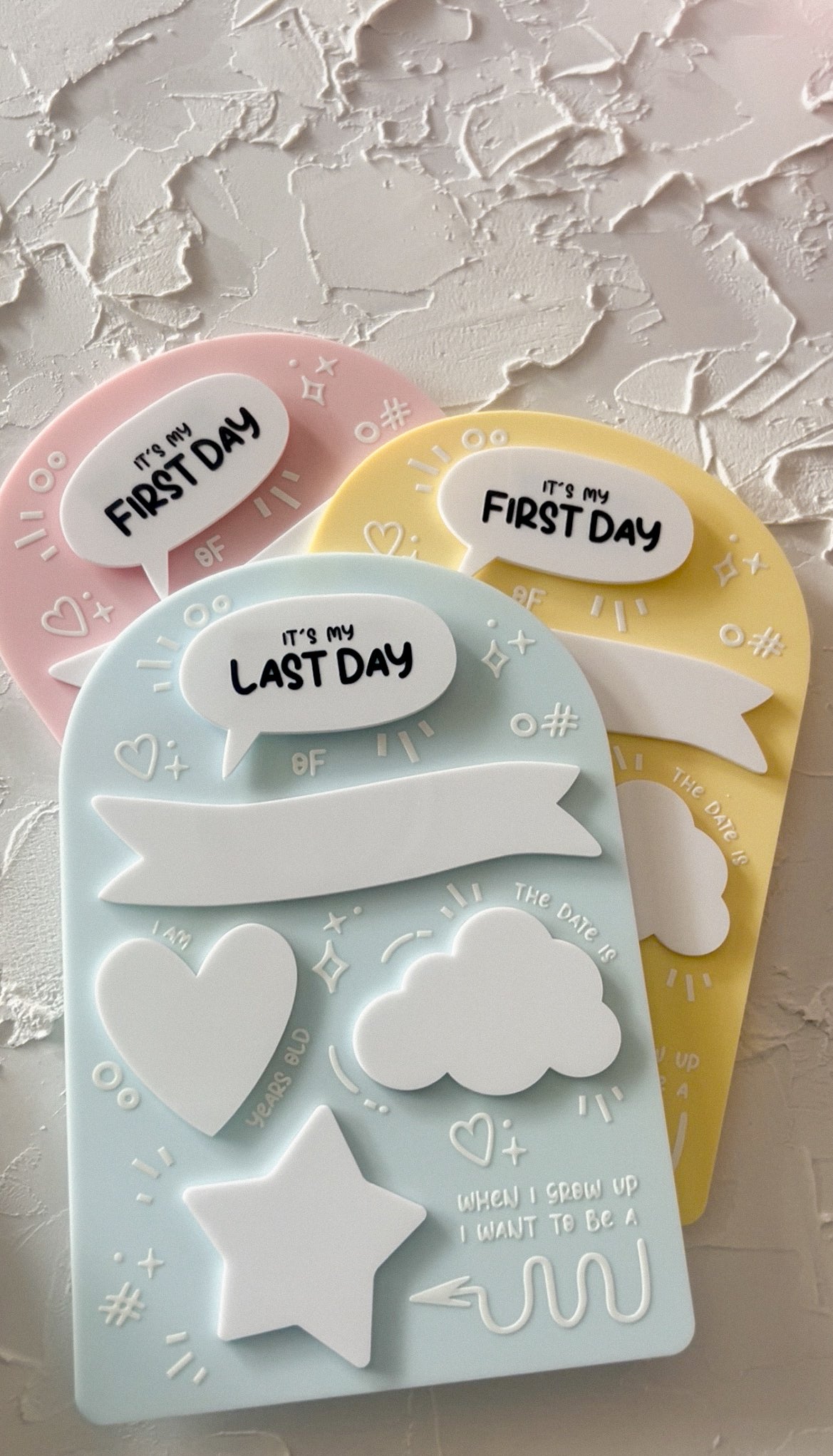 Reusable acrylic school milestone board with interchangeable first day and last day pieces
