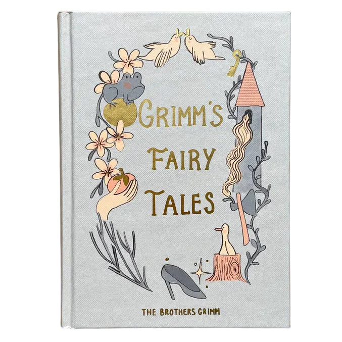 cover of Grimm’s Fairy Tales collector’s edition hardback book with illustrated cover and gold foil lettering featuring classic fairytale stories