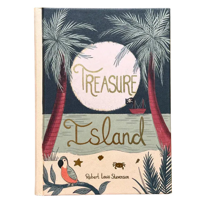 Treasure Island collector’s edition hardback book with illustrated cover, gold foil lettering and tropical design by Robert Louis Stevenson
