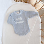 Powder blue embroidered Little Brother cotton knit romper for babies