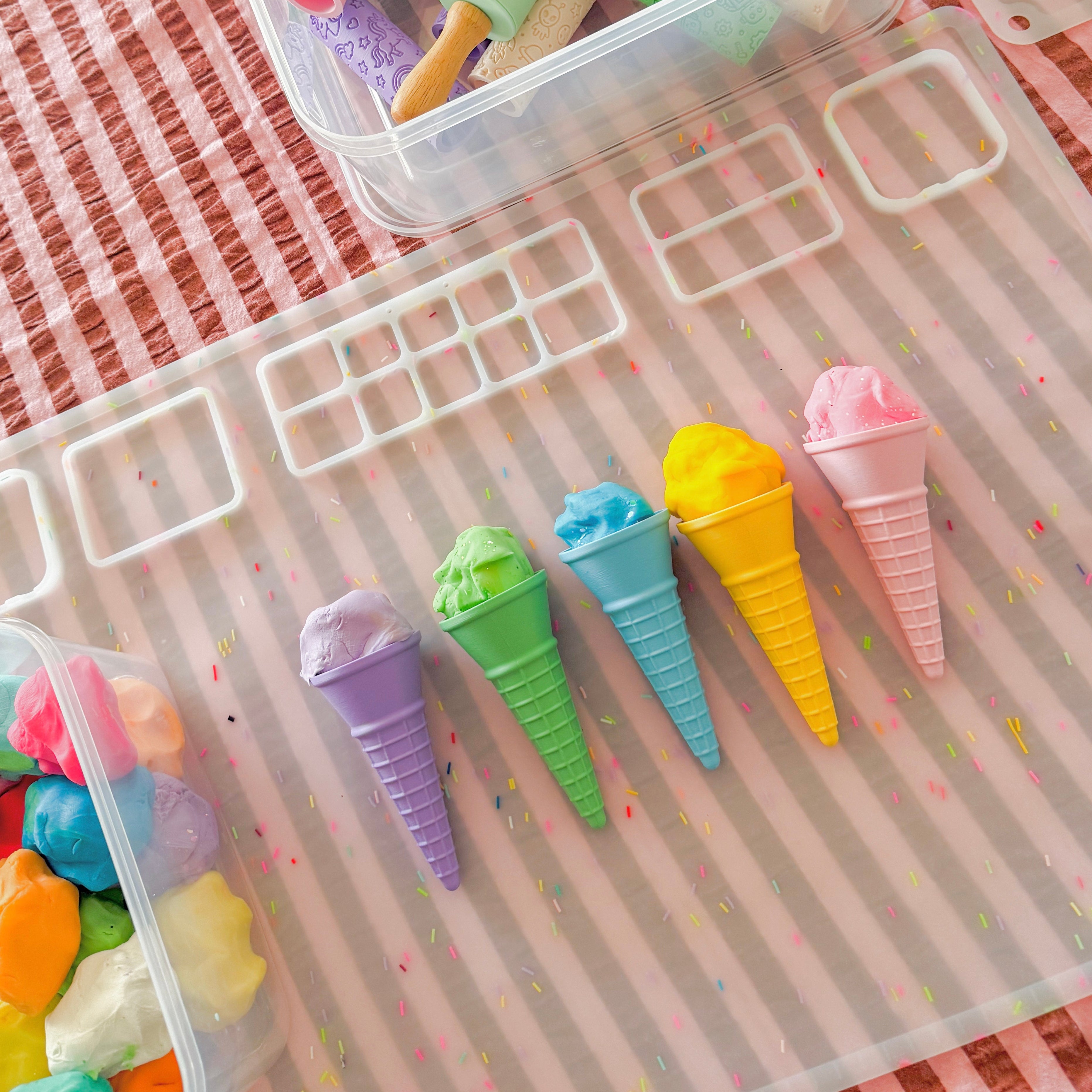 fun set up with all tools for playdough time. colourful rainbow 3d printed eco ice cream cone for sensory play with clay, playdough, dough and more. brand is playsense. these are fun for kids. pictures is colours purple, green, blue, yellow and pink