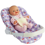 cherry gingham Dolls Car Seat Capsule by tiny harlow with a doll inside