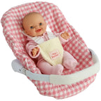 Pink Gingham Baby Dolls Car Seat Capsule by tiny harlow with a doll inside
