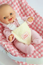 Pink Gingham Baby Dolls Car Seat Capsule by tiny harlow with a doll inside closer look