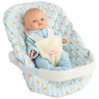 blue ducky Dolls Car Seat Capsule by tiny harlow with a boy doll inside