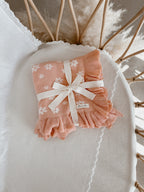 Blossom and Pear floral knit baby blanket with ruffle frill edging