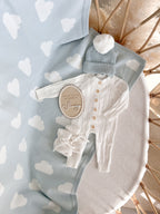 Soft heirloom baby blanket with white cloud print by Blossom and Pear
