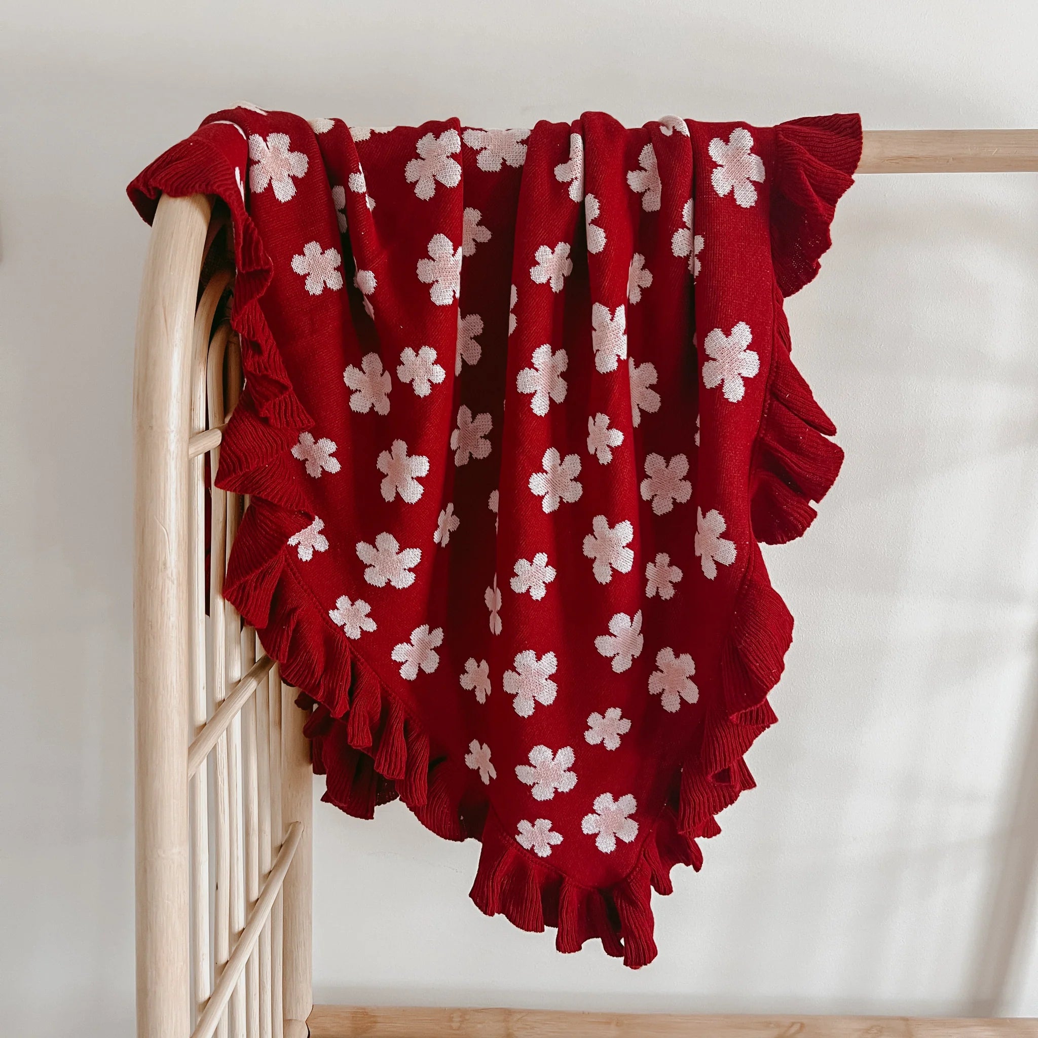 Heirloom Poppy Frill Knit Blanket | Red Posy