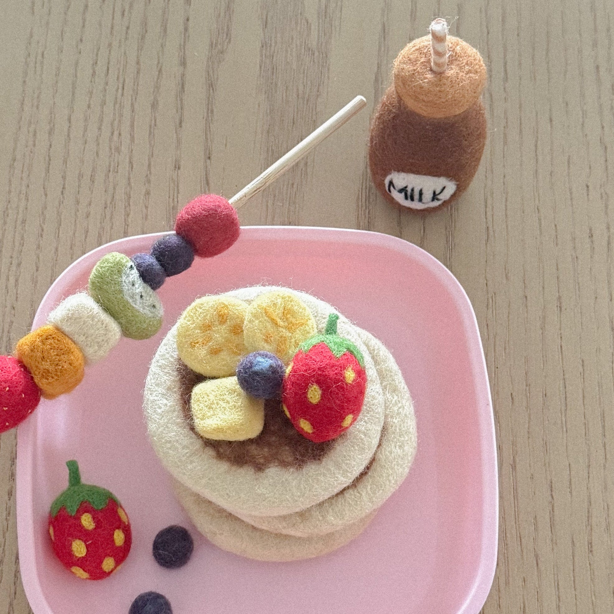 felt chocolate milk, pancake stack and fruit skewer kebab toys handmade wool pretend play doll drink bottle Juni Moon