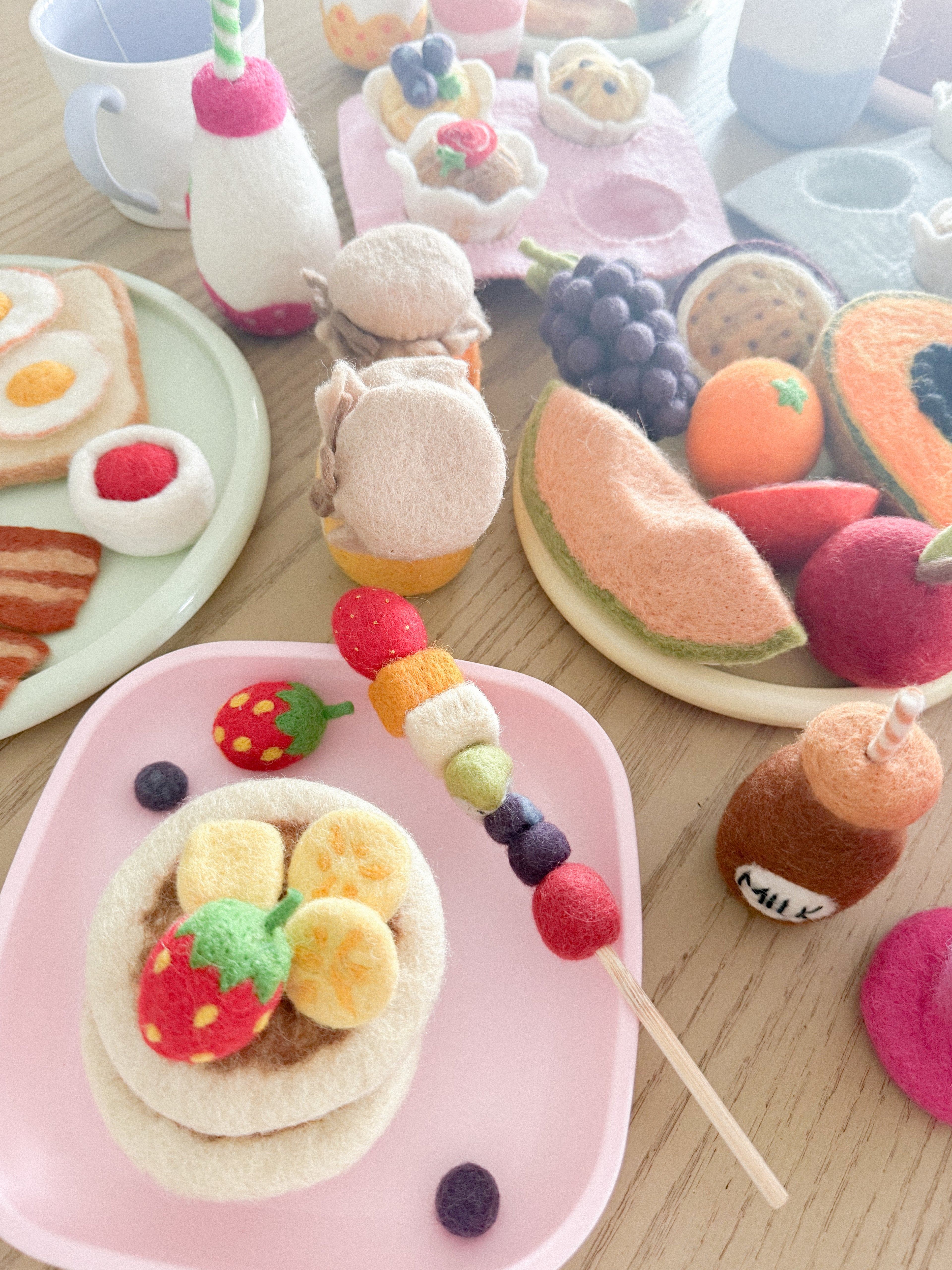 set up as breakfast felt pancake stack toy set handmade wool pretend play food with berries and banana Tara Treasures