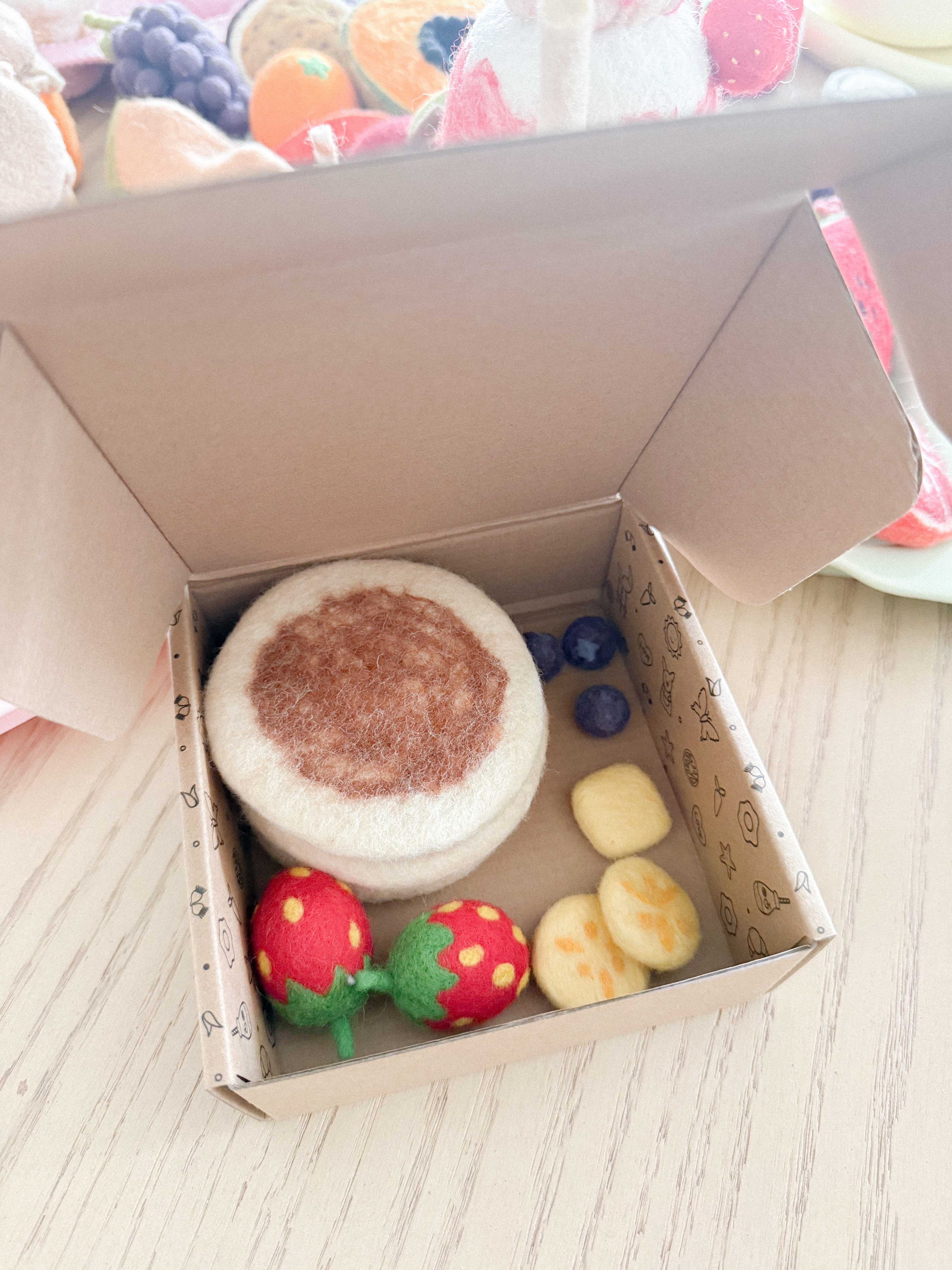 inside the box felt pancake stack toy set handmade wool pretend play food with berries and banana Tara Treasures