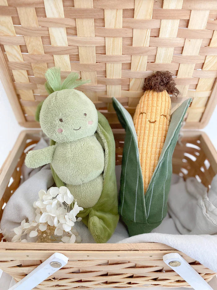 Sweet pea pod plush toy with embroidered face