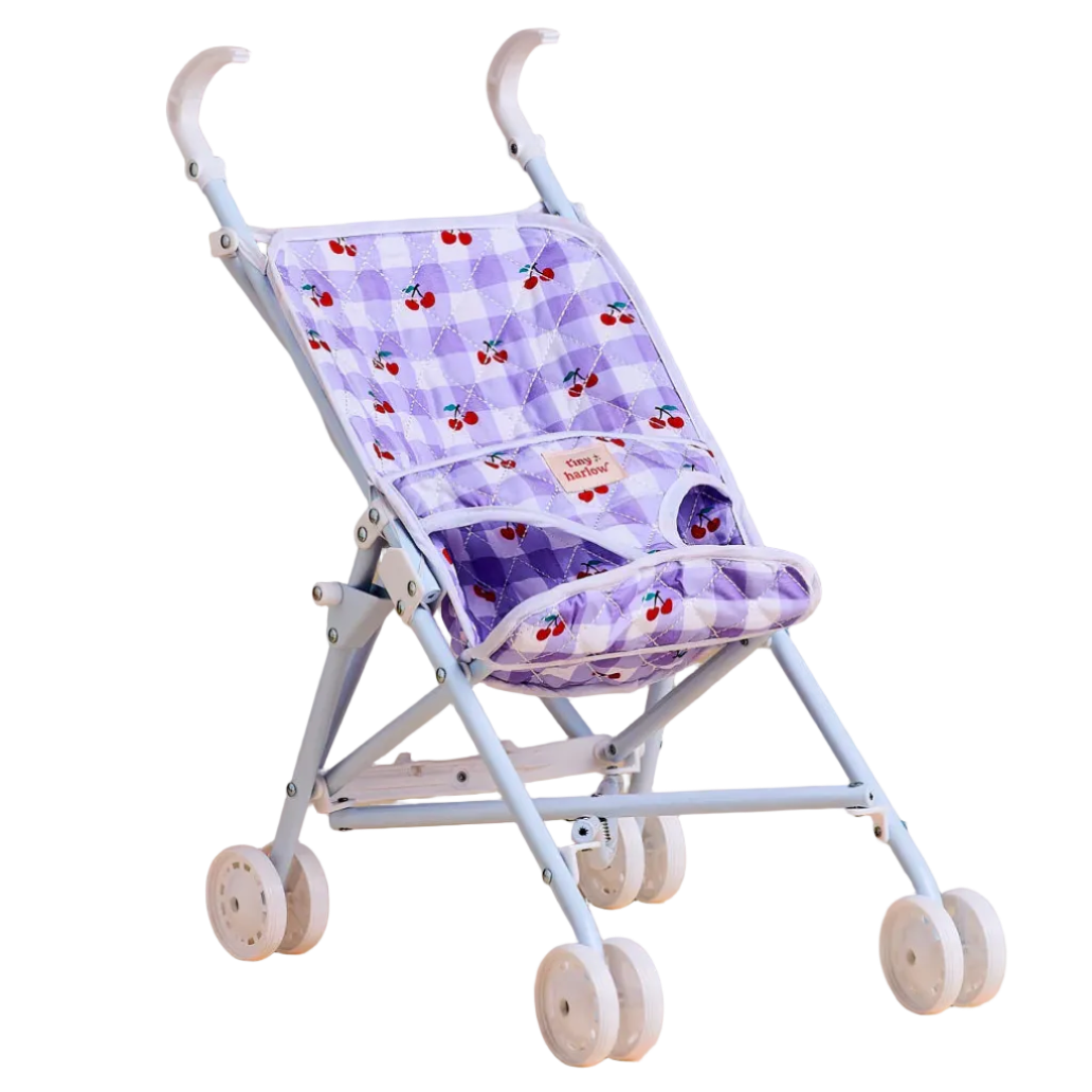 stock photo of baby doll kids stroller for pretend play with kids dolls made by brand tiny harlow. print pictures is cherry gingham