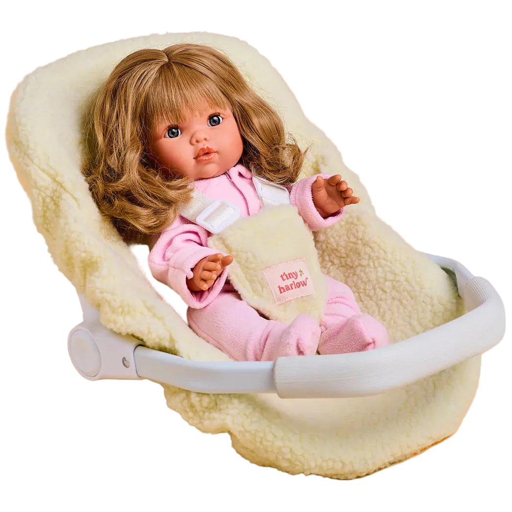Sherpa Baby Dolls Car Seat Capsule by tiny harlow with a doll inside