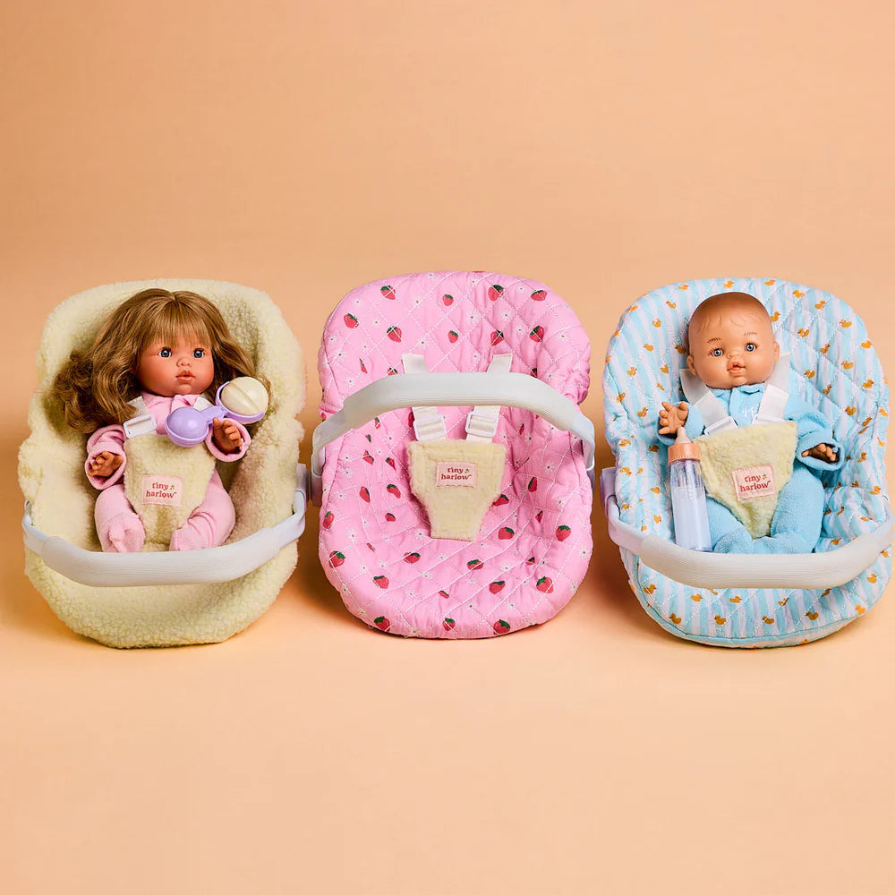 strawberry picnic Dolls Car Seat Capsule by tiny harlow with sherpa and blue ducky. and with dolls inside