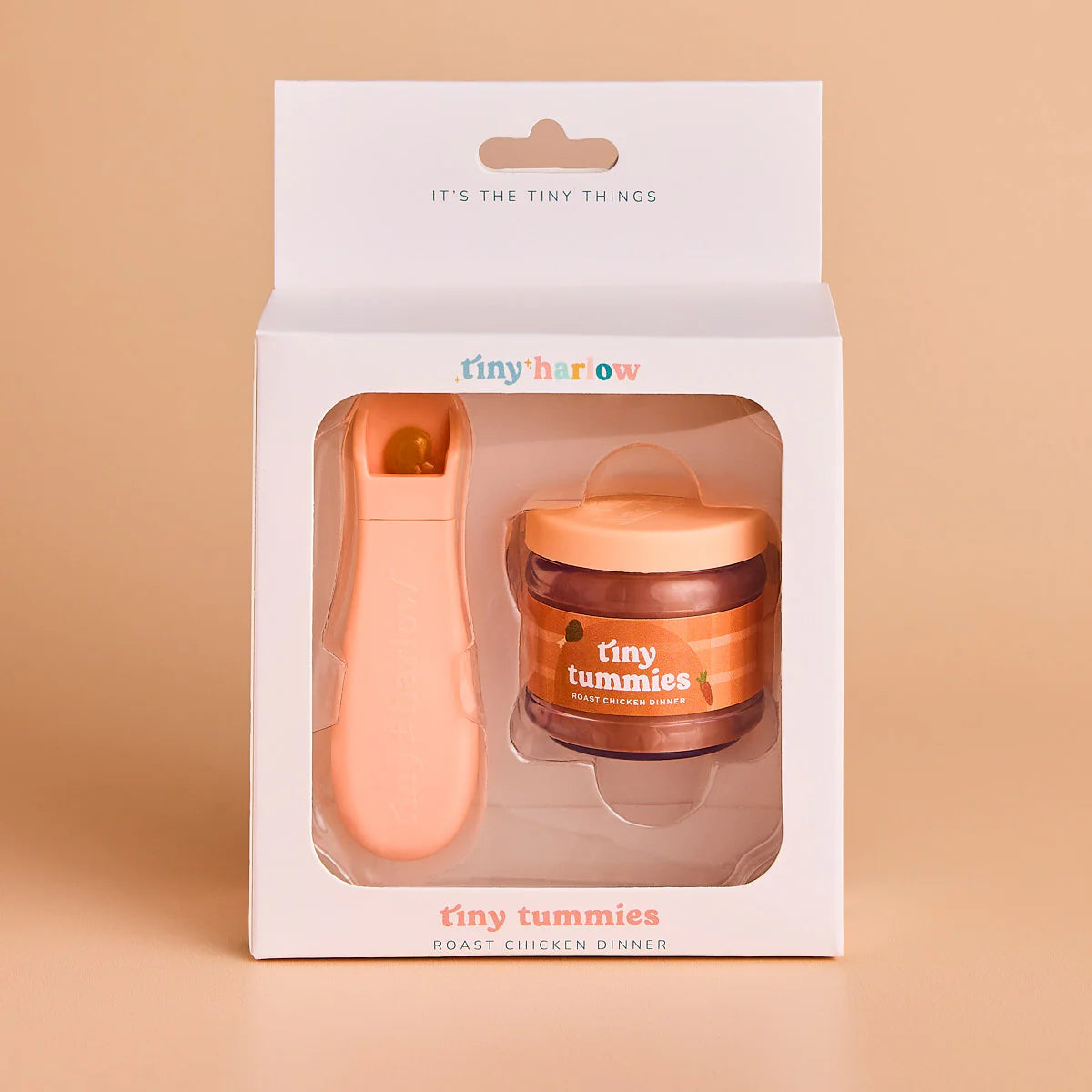 packaging of jar of tiny tummies pretend baby dolls food which is magic and disappearing, perfect gifting brand is tiny harlow and flavour is roast chicken dinner