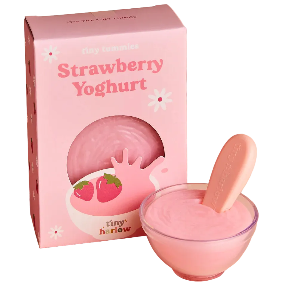 jar of tiny tummies pretend baby dolls food breakfast bowl which is magic and disappearing, brand is tiny harlow and flavour is strawberry yoghurt