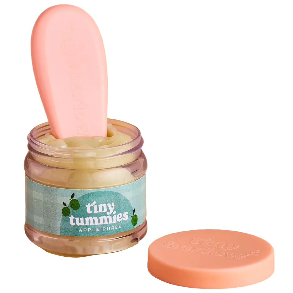 jar of tiny tummies pretend baby dolls food which is magic and disappearing, brand is tiny harlow and flavour is apple puree