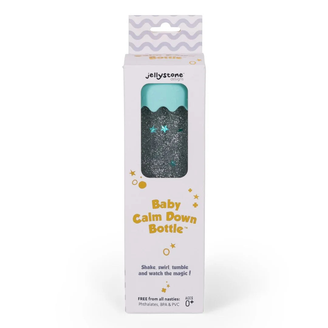 Soft mint Jellystone Designs baby sensory calm down bottle with glitter and star confetti