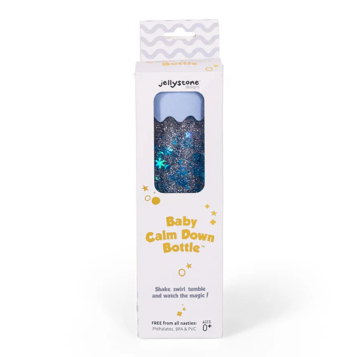 Soft blue baby calm down sensory bottle with floating stars and shimmering glitter by Jellystone Designs