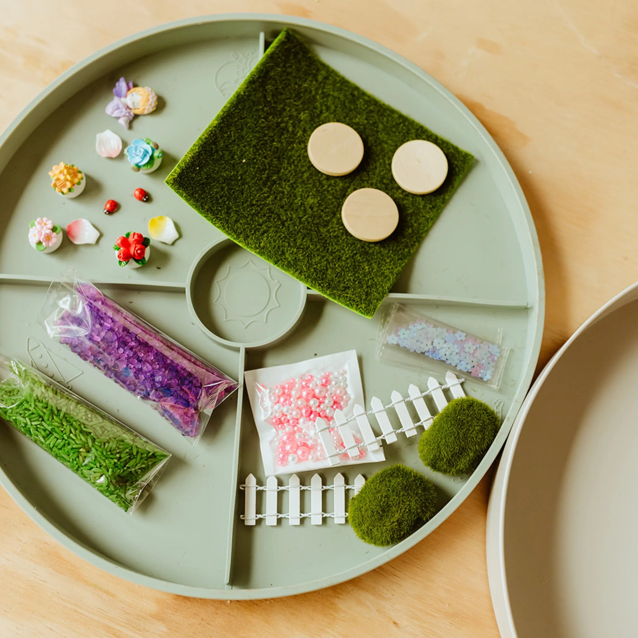 Jellystone Designs sage sensory play tray with removable silicone lid
