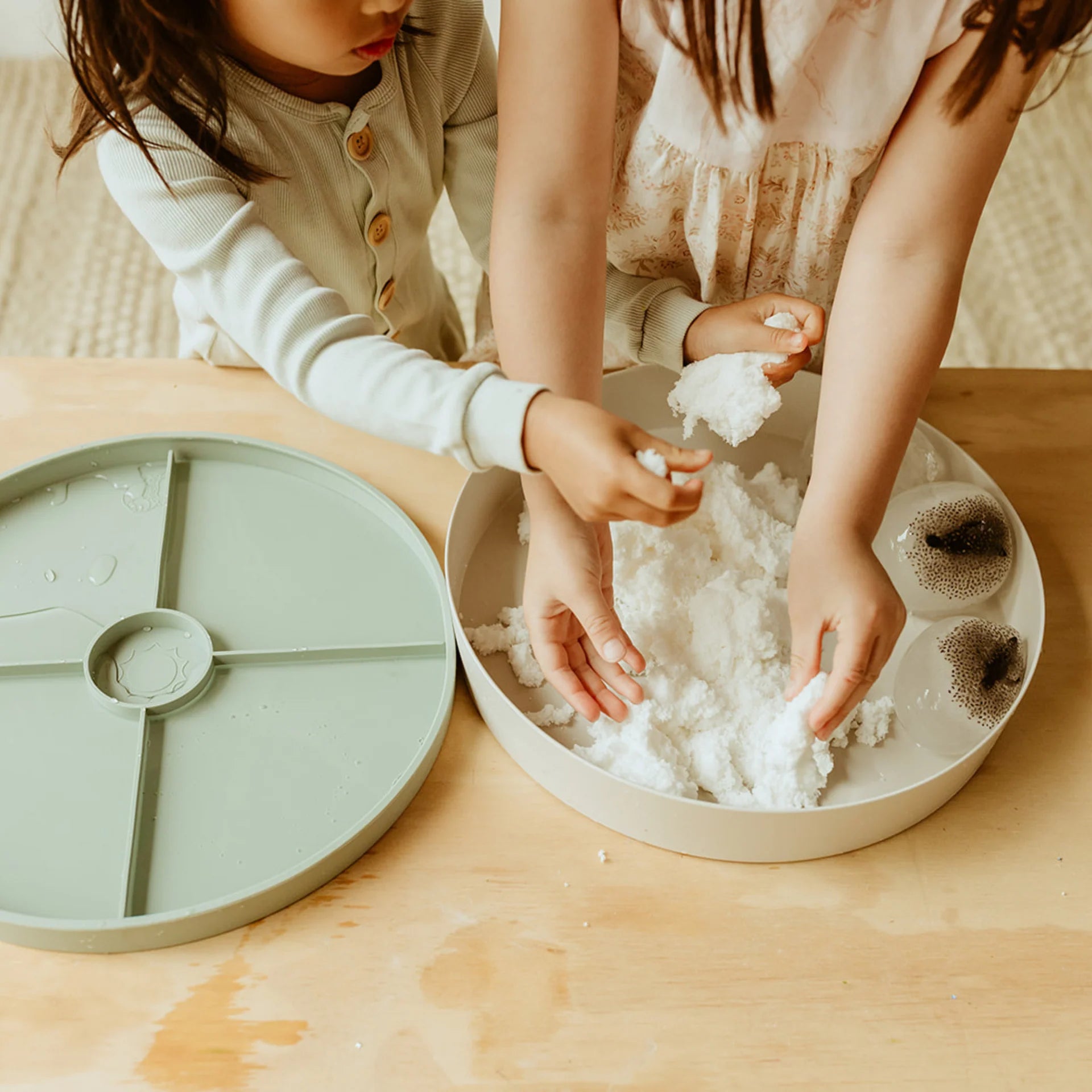 Soft white sensory snow play base for kids sensory bins and imaginative play