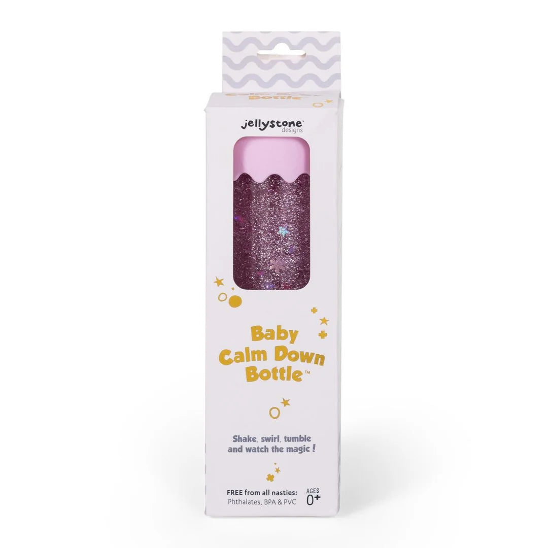 Bubblegum pink baby calm down sensory bottle with shimmering glitter by Jellystone Designs