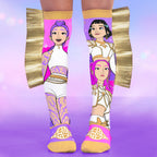 Mira, Rumi and Zoe - Mad Mia K-Pop Golden socks for kids with pink and purple cartoon characters and gold glitter side panels on crew socks.