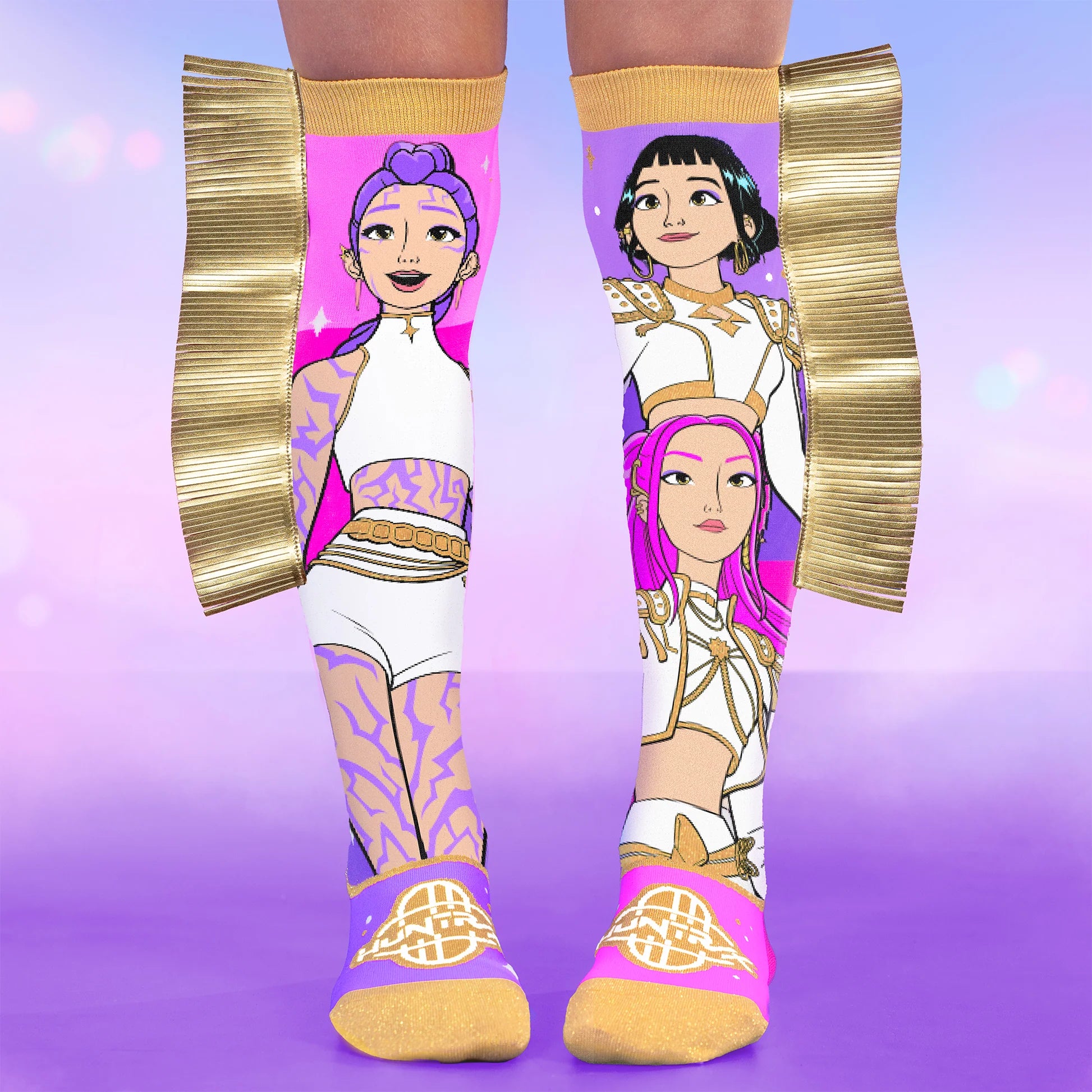 Mira, Rumi and Zoe - Mad Mia K-Pop Golden socks for kids with pink and purple cartoon characters and gold glitter side panels on crew socks.
