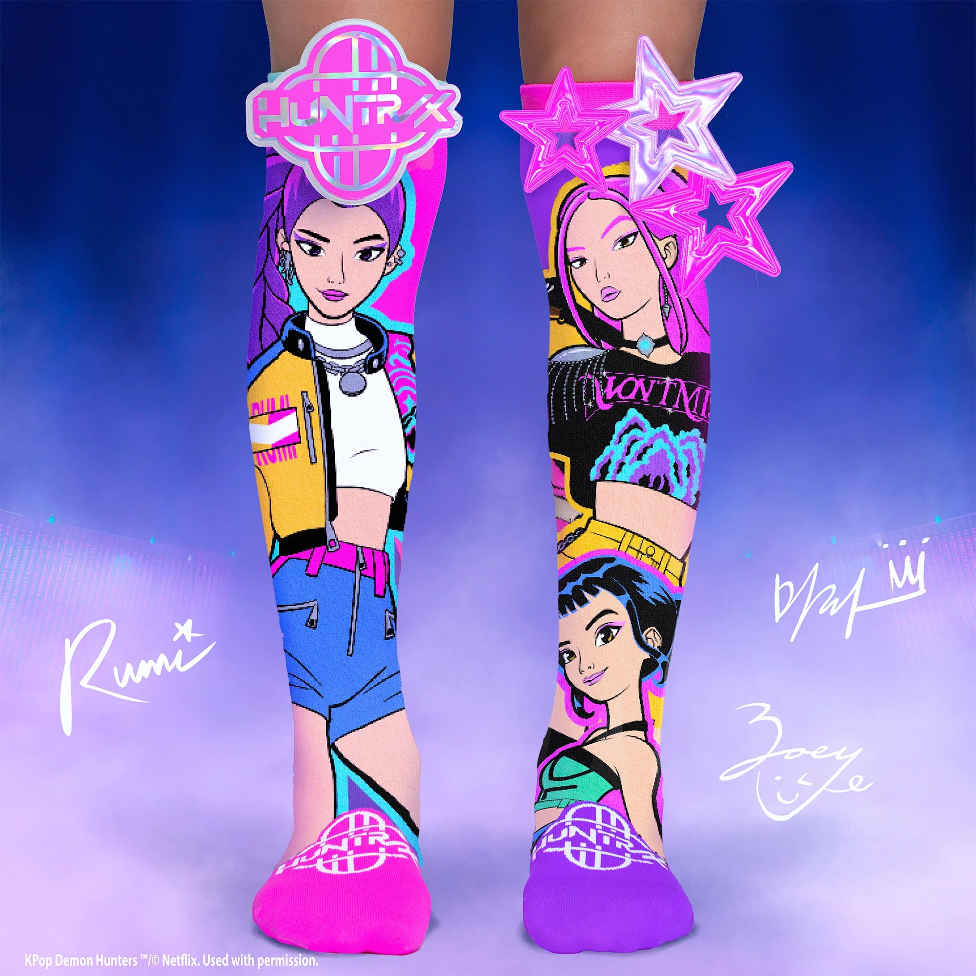 Mira, Rumi and Zoe - Mad Mia K-Pop Golden socks for kids with pink and purple cartoon characters and gold glitter side panels on crew socks.