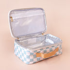 Fox & Fallow sage check large insulated lunch bag open showing interior lining