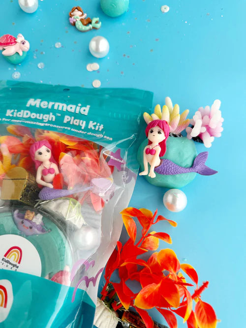 Kids mermaid playdough kit with mermaid doll, colourful coral and aquatic decorations designed for creative storytelling and fine motor development