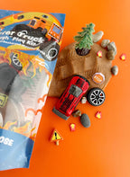 Kids monster truck playdough set with dirt coloured sensory dough, mini trucks, crash ramp and small world accessories for imaginative off-road play