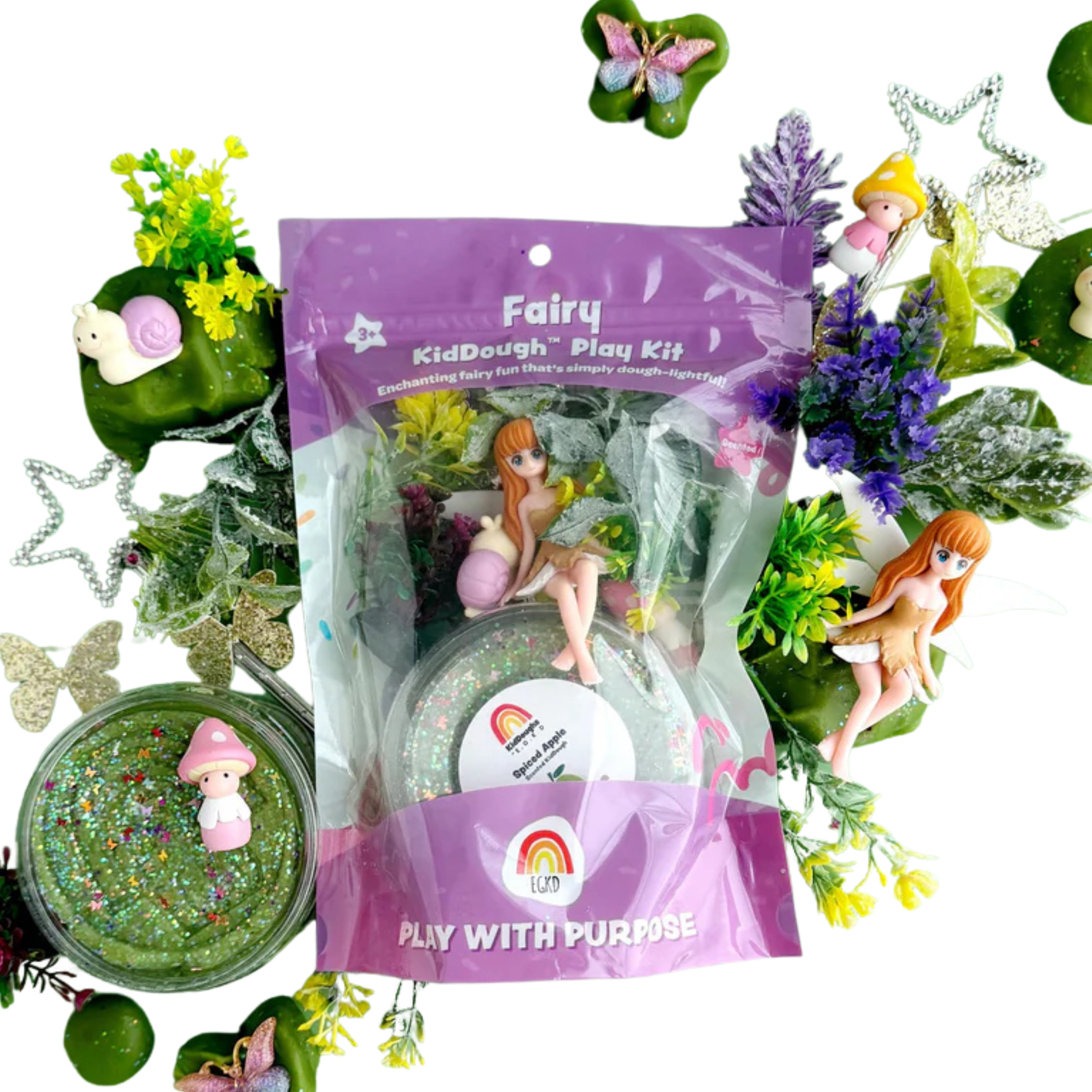 Fairy themed sensory playdough kit with green glitter KidDough, fairy figurine, flowers, mushrooms and magical garden accessories for kids imaginative small world play
