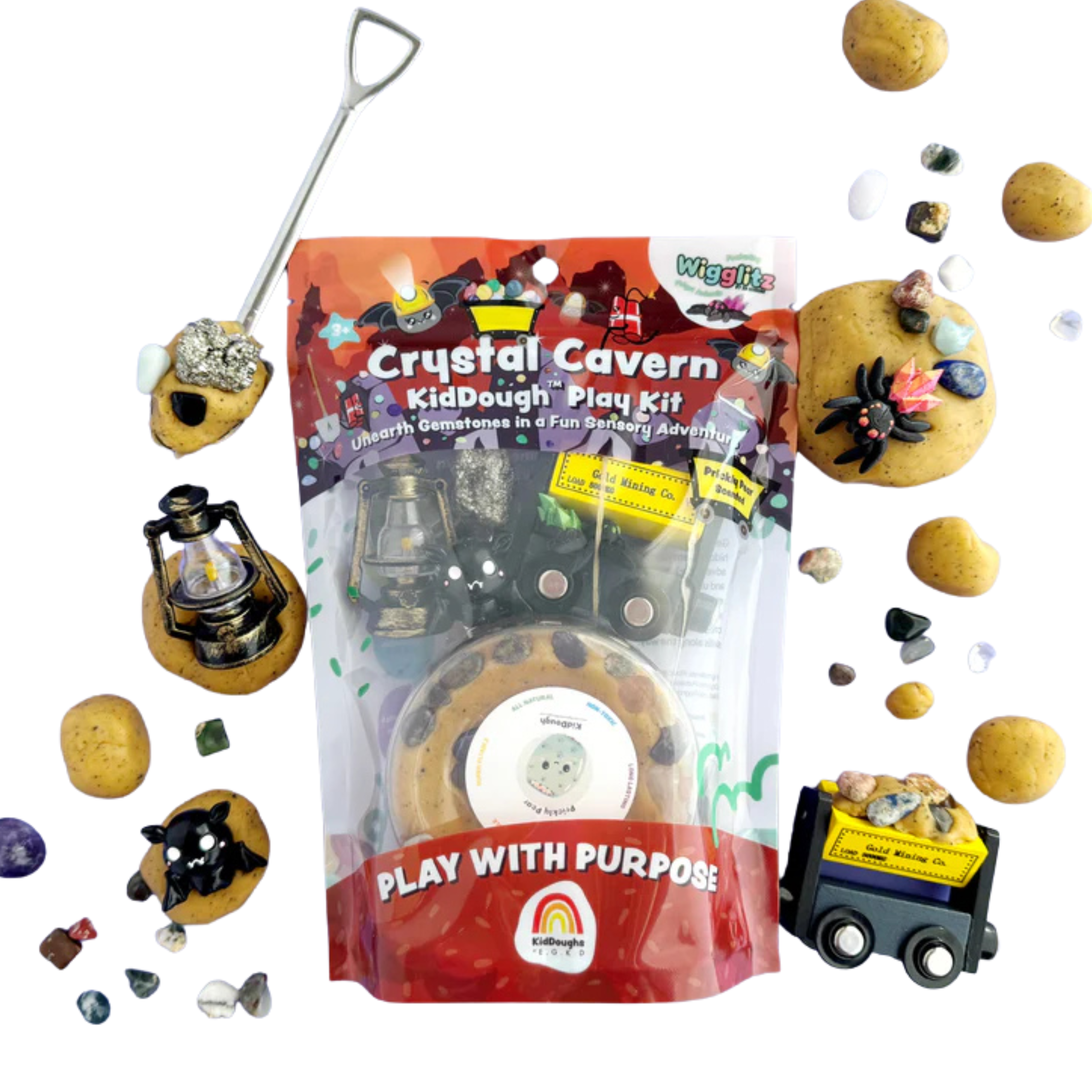 Crystal cavern sensory playdough kit with terracotta red KidDough, mining cart, shovel, gemstones, rocks and excavation accessories for kids imaginative dig and discover play