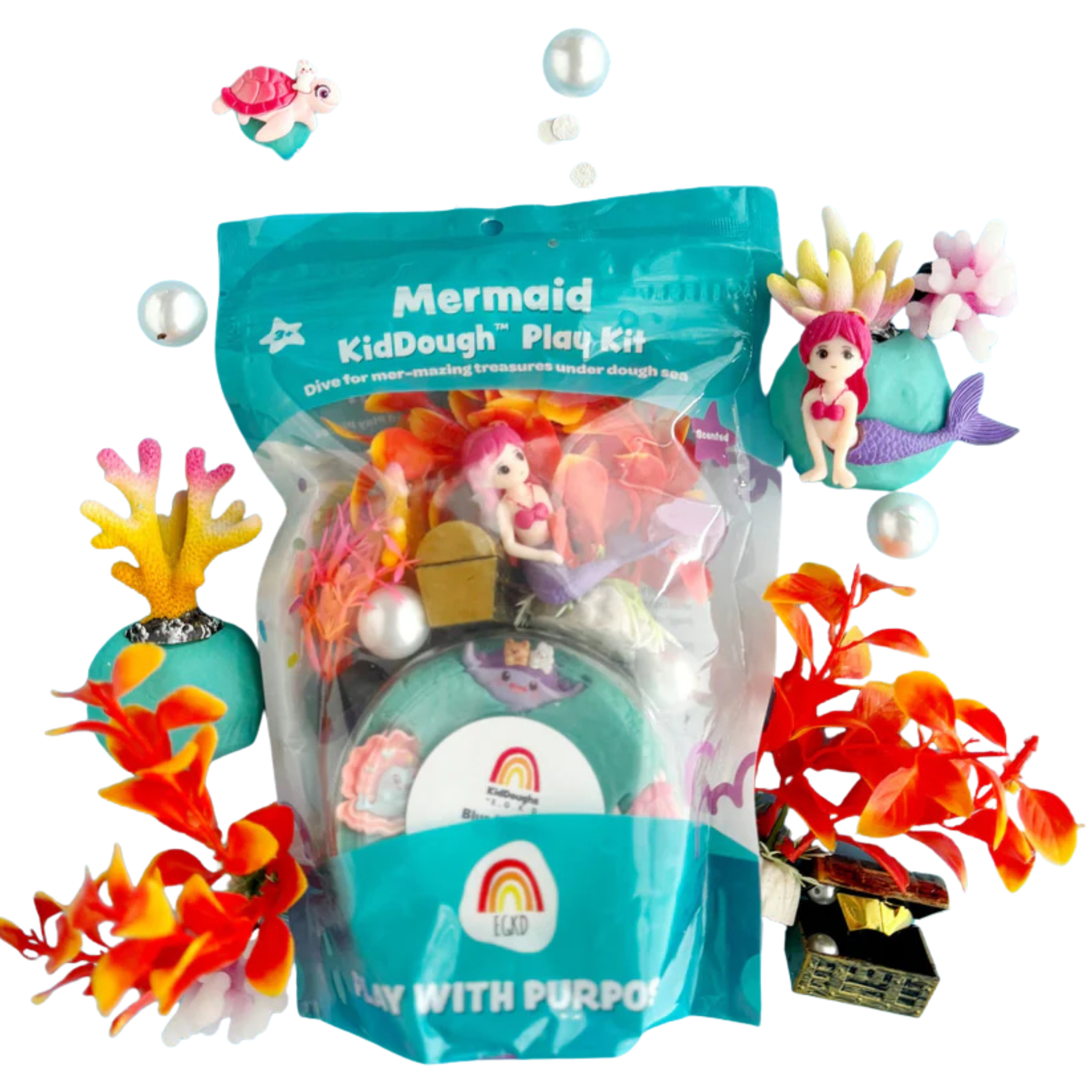 Mermaid themed sensory playdough kit with blue KidDough, mermaid figurine, coral, sea plants and underwater accessories for kids imaginative ocean play