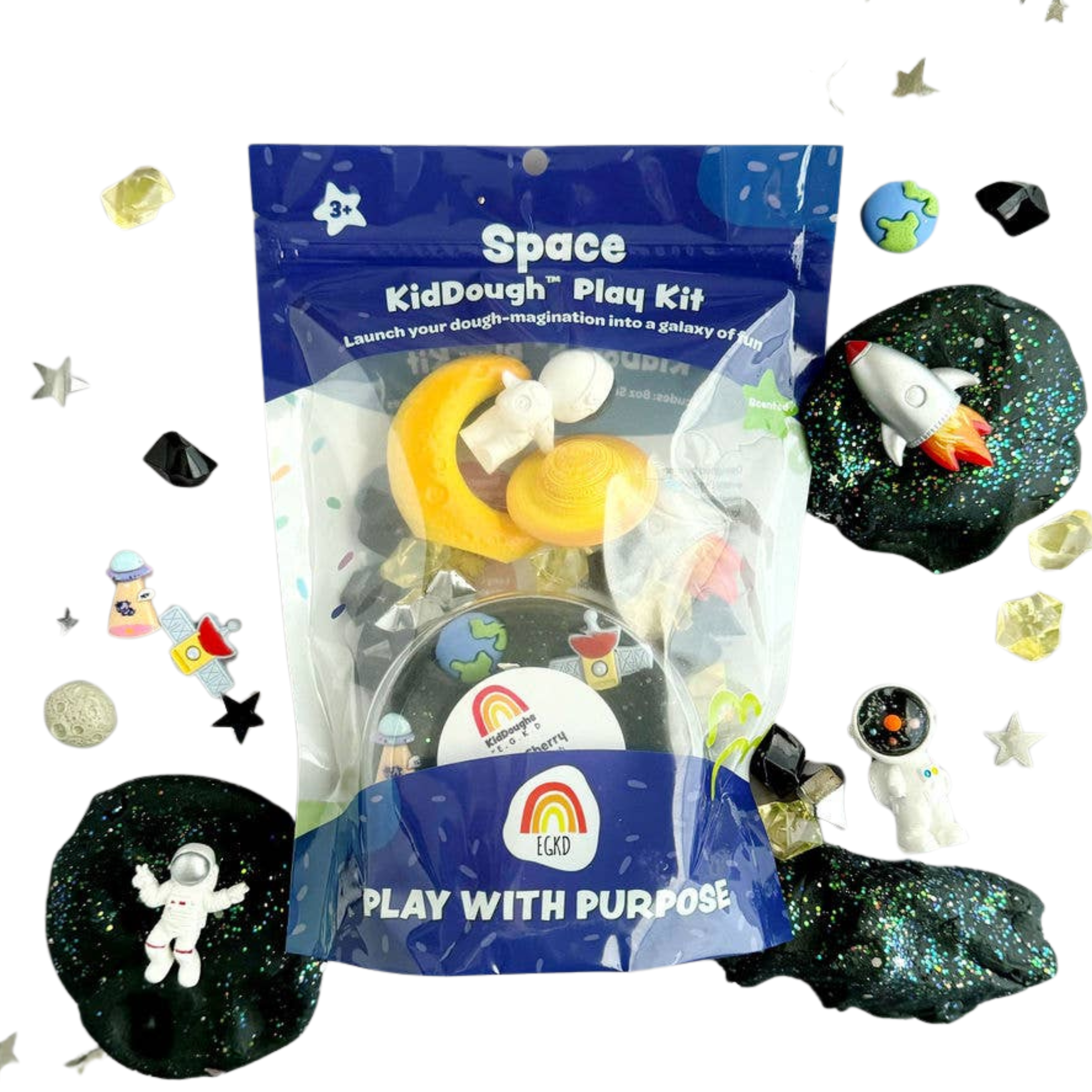 Space themed sensory playdough kit with galaxy glitter dough, astronaut figurine, moon, planet charms and outer space toys for kids imaginative small world play
